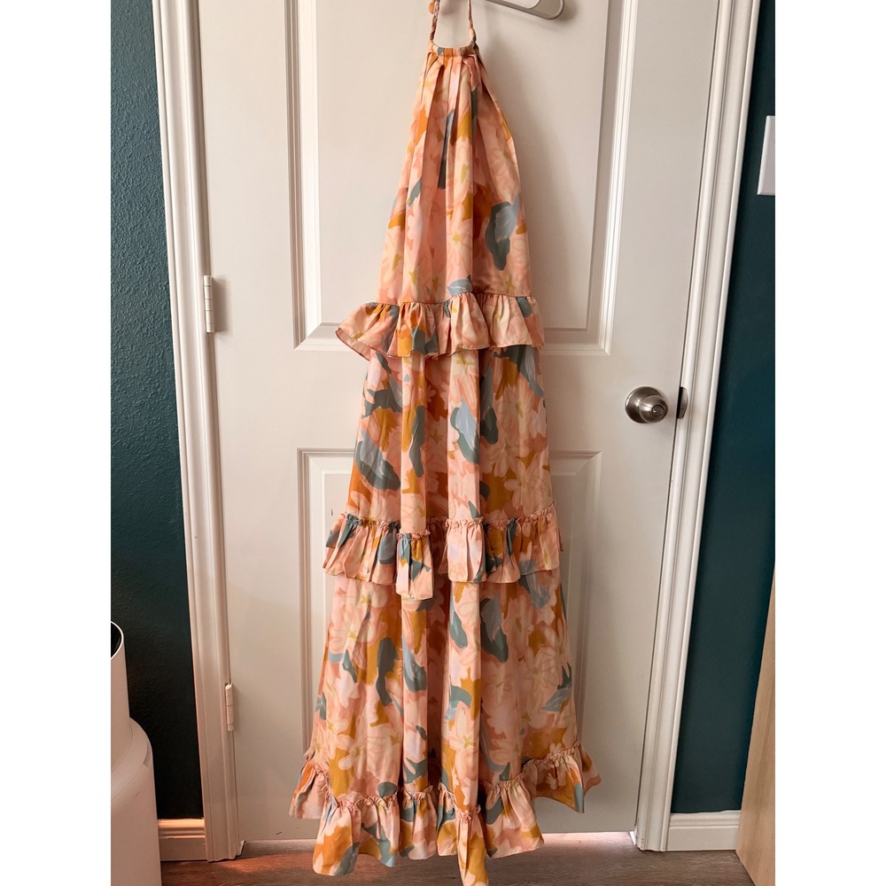 Geisha Designs Paras and Shalini Floral Tiered Halter Maxi Dress Peach 1X